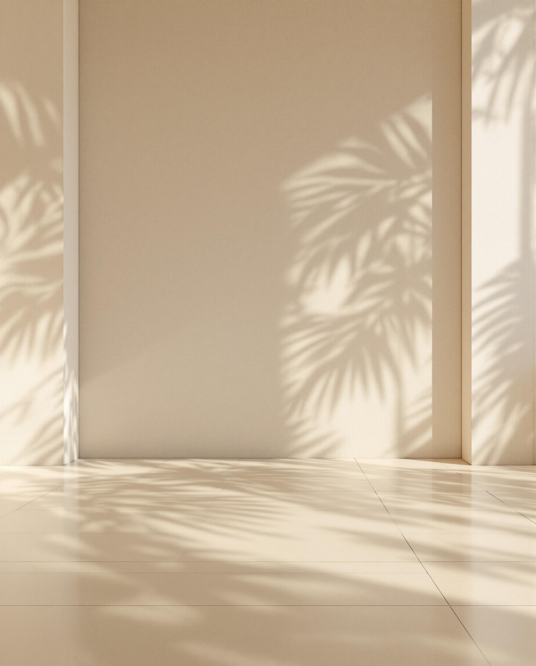 Warm sunlit tropical leaf shadows on a cream wall